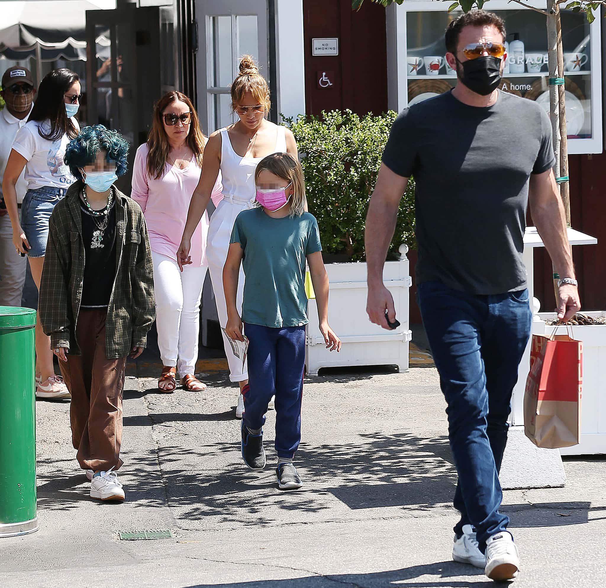 Ben Affleck and Jennifer Lopez take their kids, Emme and Sam, to lunch at Brentwood Country Mart in Santa Monica on July 9, 2021