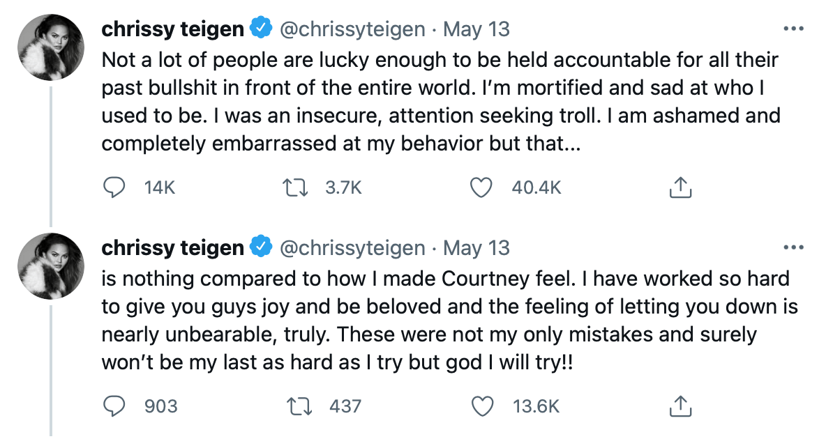 Chrissy Teigen has issued a public apology to Courtney Stodden for cyberbullying in 2011