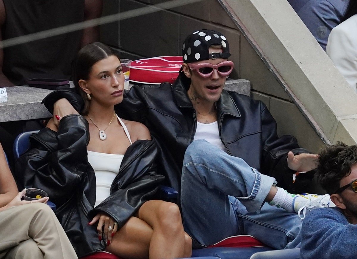 Justin and Hailey Bieber are joined by Frances Tiafoe to watch Coco Gauff of the United States play against Elise Mertens of Belgium in the third round of the US Open at the USTA Billie Jean King National Tennis Center