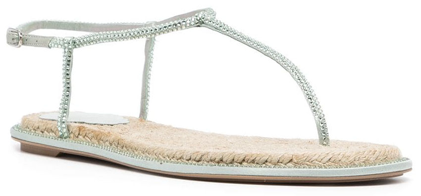 A trendy summer thong sandal with raffia soles and crystal-embellished straps