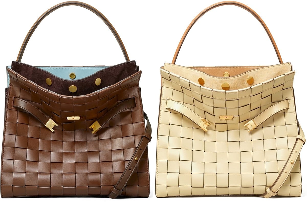 Showcasing one of the most expensive Tory Burch bags, the woven Lee Radziwill, which retails for nearly $1,600, exemplifying the brand's high-end yet accessible pricing