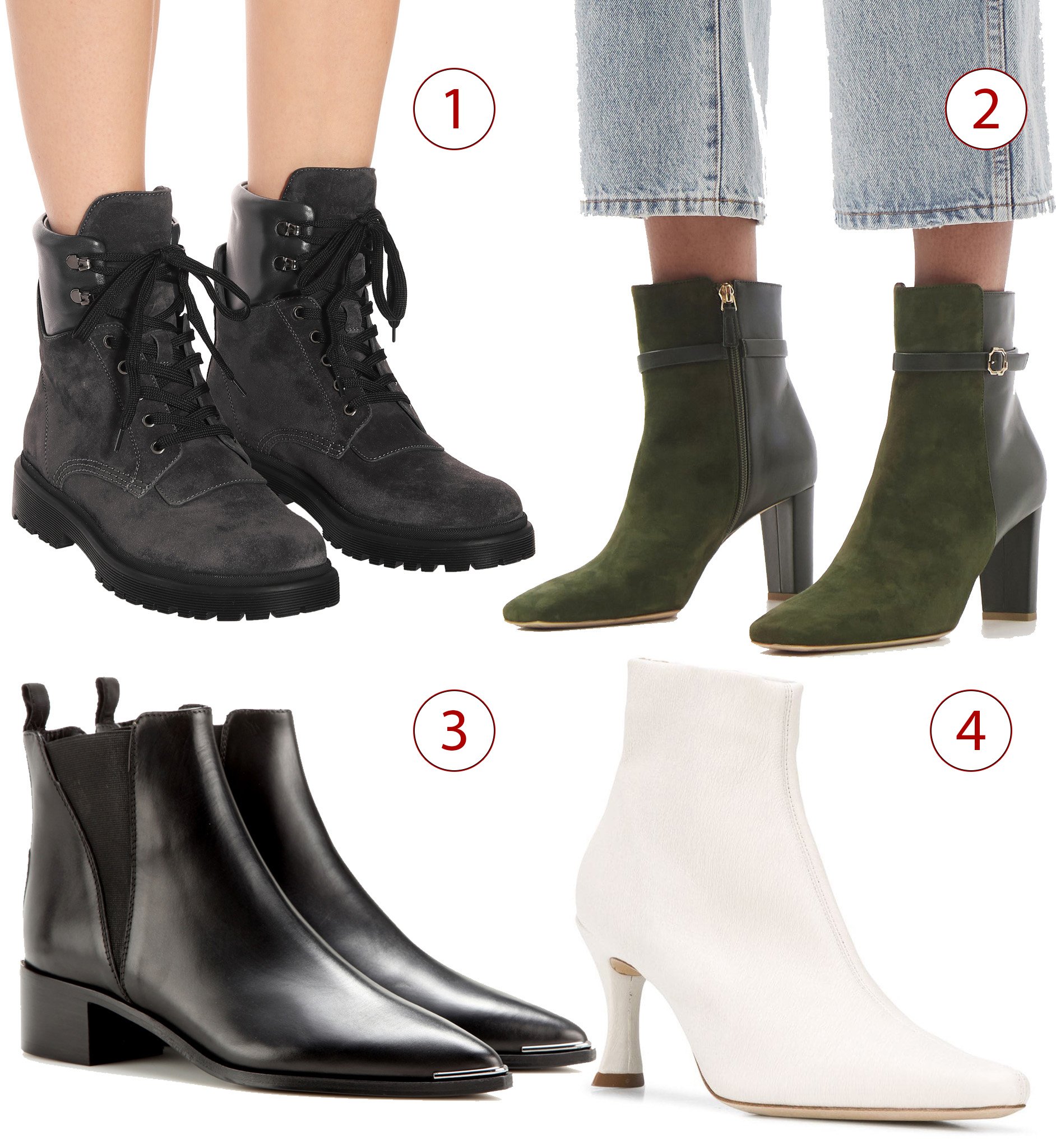 1. Moncler Patty suede ankle boots, 2. Malone Souliers Kris buckled suede and leather boots, 3. Acne Studios Jensen leather ankle boots, 4. By Far heeled ankle boots