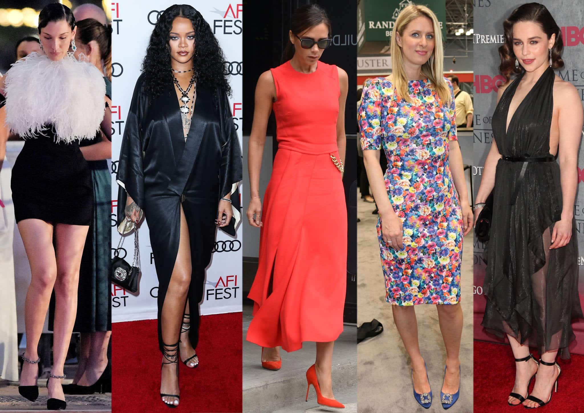 Bella Hadid, Rihanna, Victoria Beckham, Nicky Hilton, and Emilia Clarke pair their dress with Manolo Blahnik shoes