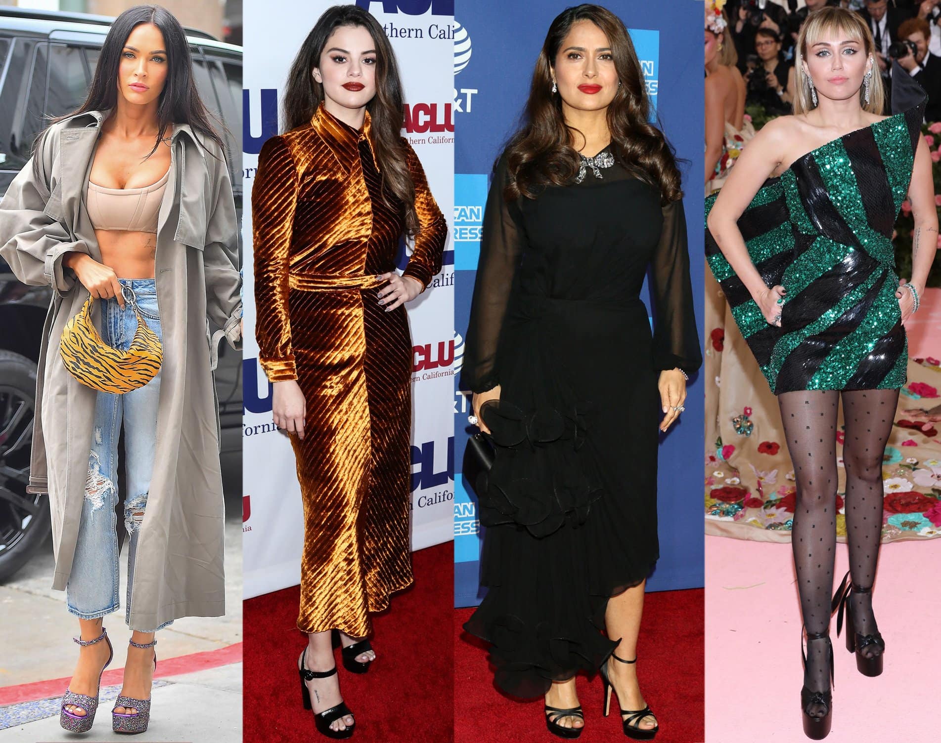 Megan Fox, Selena Gomez, Salma Hayek, and Miley Cyrus add height to their frame with platform heels