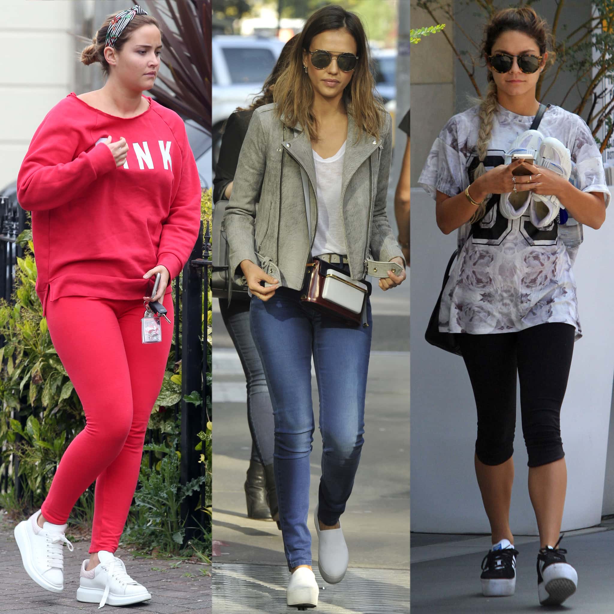 Jacqueline Jossa, Jessica Alba, and Vanessa Hudgens in comfy platform sneakers