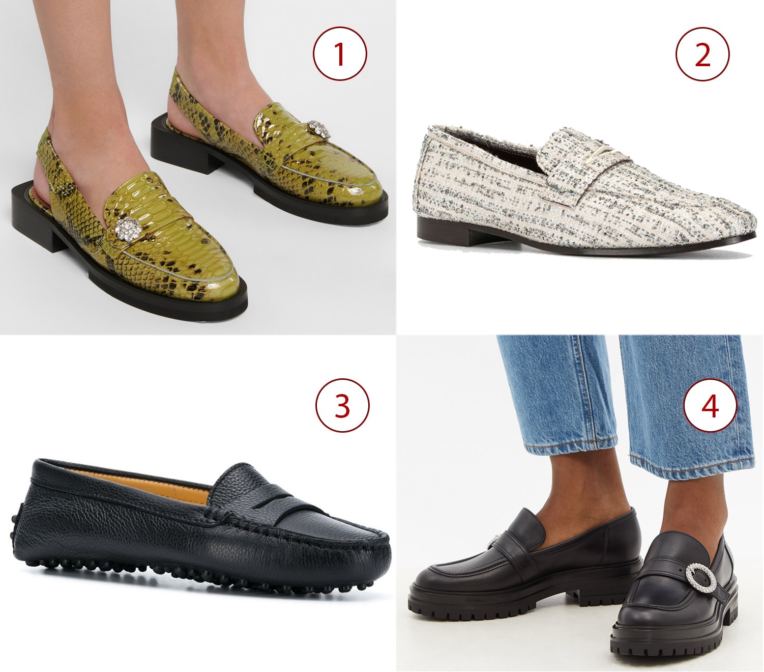 1. Ganni Snake-effect leather slingback loafers, 2. Bougeotte flat tweed loafers, 3. Scarosso Sofia loafers, 4. Gianvito Rossi Crystal-buckle leather loafers