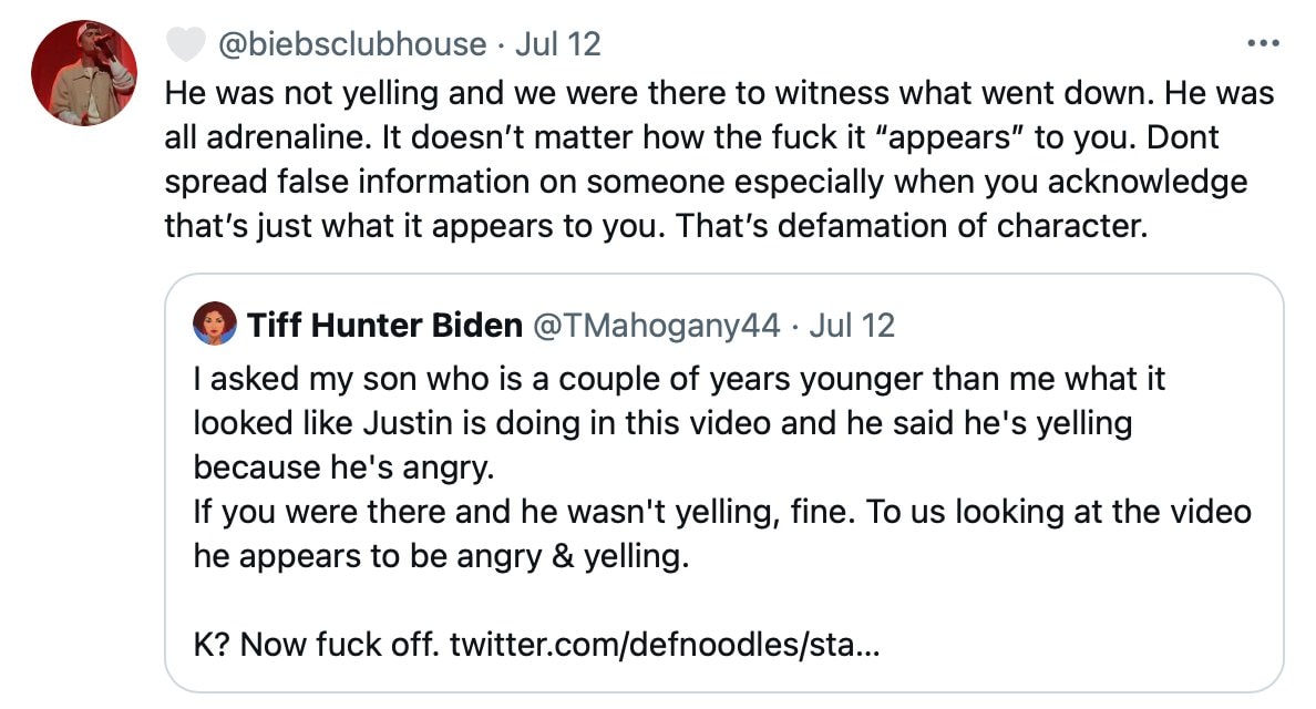 A fan defends Justin Bieber over a viral video that shows him seemingly screaming at Hailey Bieber in Las Vegas