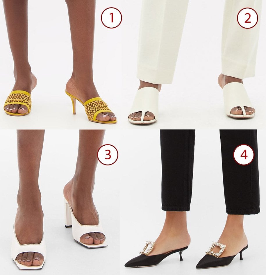 1. Gianvito Rossi Jamaica 70 crochet-mesh leather mules, 2. Neous Jumel cutout leather mules, 3. Wandler Isa square-toe crystal-embellished satin mules, 4. Roger Vivier Broche Vivier crystal-buckle satin mules