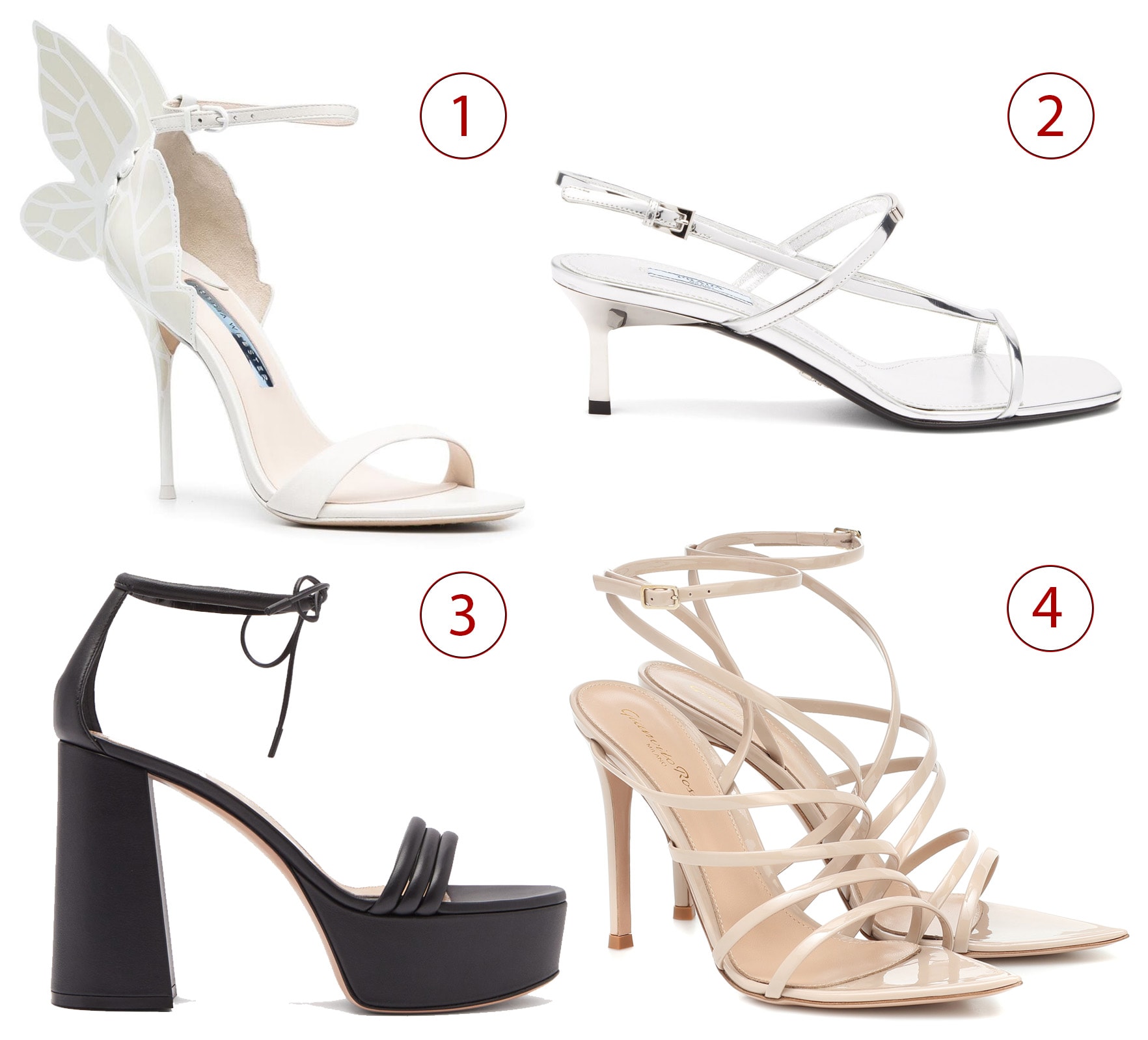 1. Sophia Webster Chiara butterfly-appliqué sandals, 2. Prada Square-toe patent-leather slingback sandals, 3. Gianvito Rossi Sydney 70 leather platform sandals, 4. Gianvito Rossi Eclypse 105 patent-leather sandals