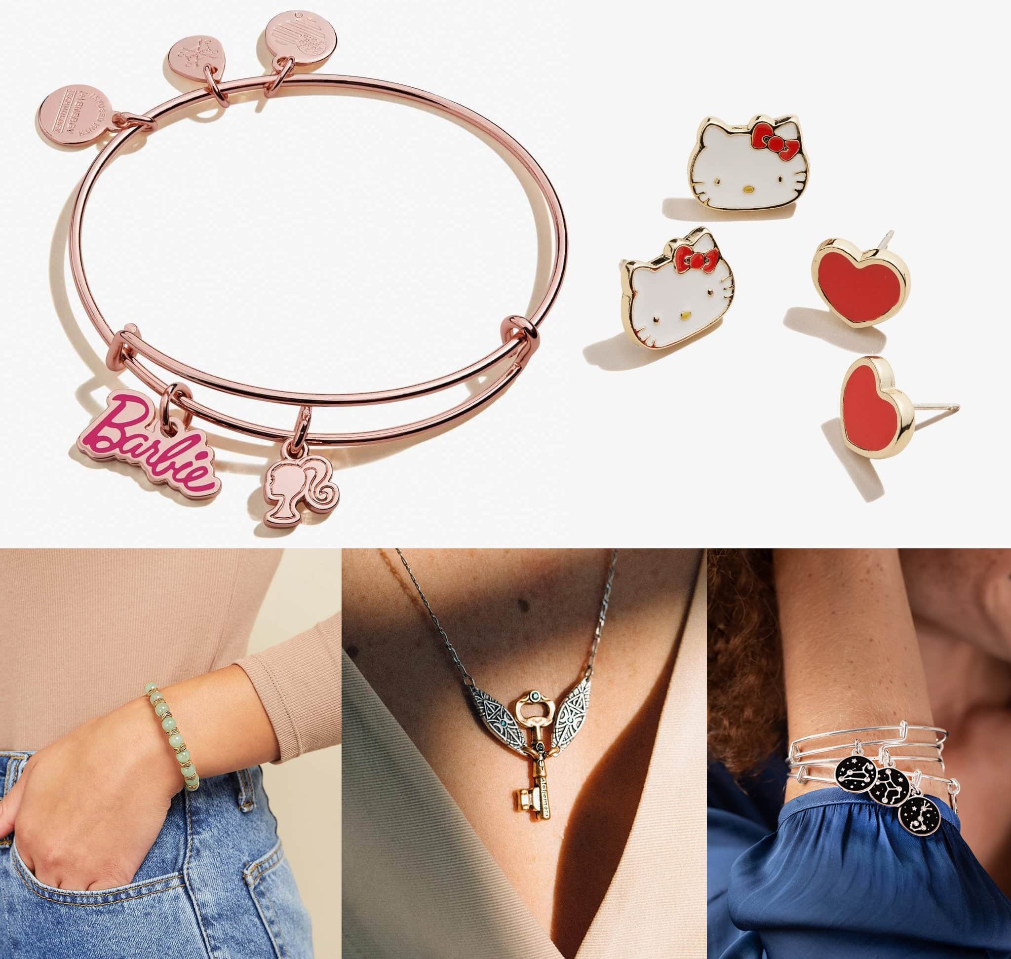 Alex and Ani Barbie Duo Charm bangle, $43; Hello Kitty + Heart Stud earring set, $49; Alex and Ani Aventurine Beaded bangle, $54; Alex and Ani Harry Potter Alohomora necklace, $69; Alex and Ani Pisces Zodiac Charm bangle, $39