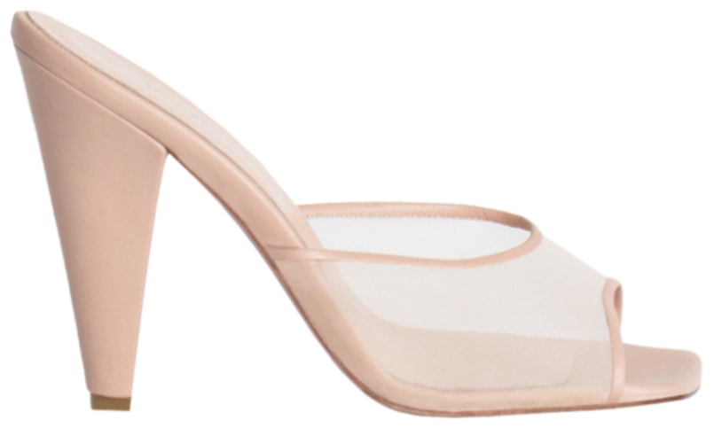 The Andrea Wazen Immy mules have a sheer strap with square toes and cone-shaped heels