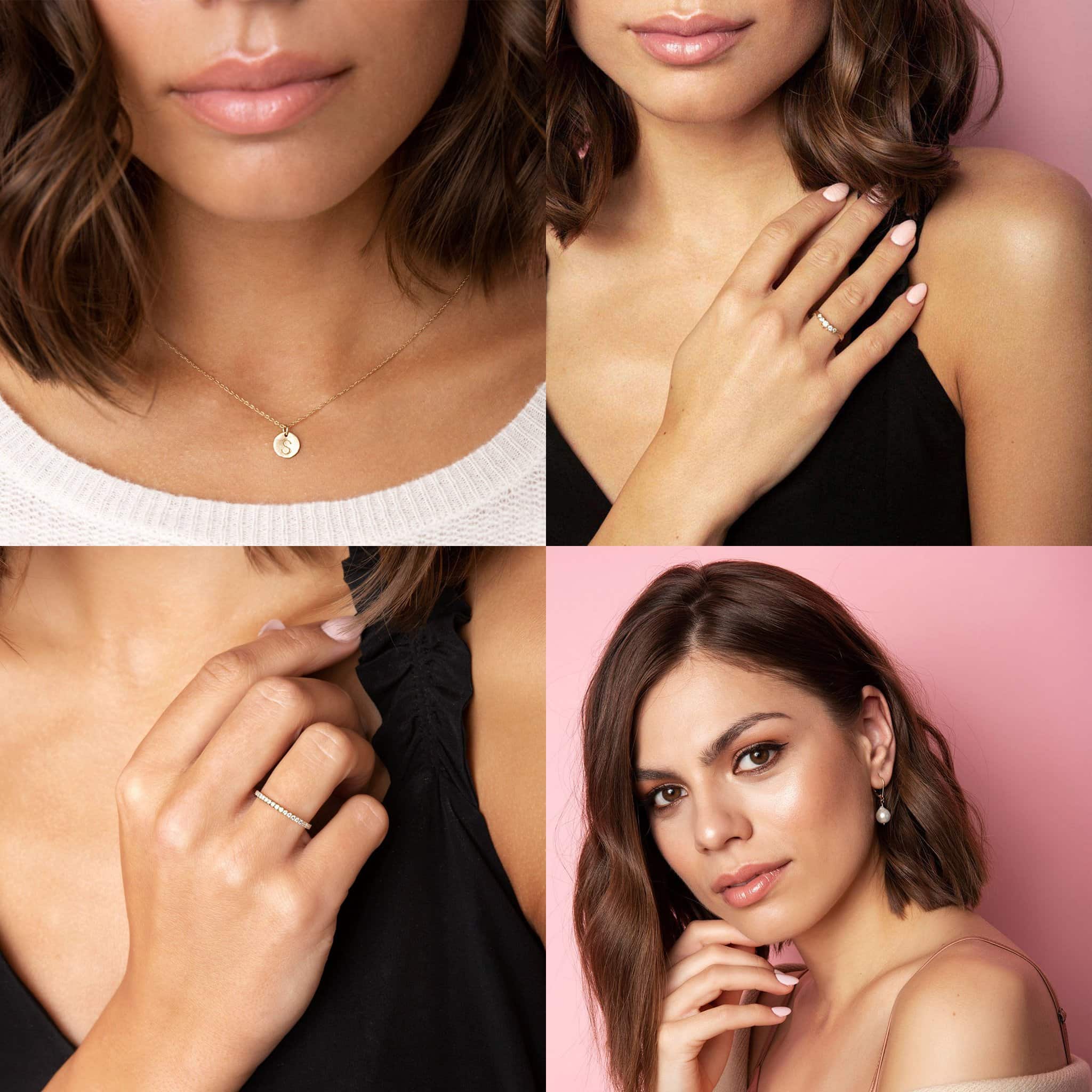 Chupi 14K Gold Initial Letter Midi Disc necklace, $418; 14K Gold Twig Band Crown of Love Diamond ring, $2,020; Chupi 14K Polished Gold Half Eternity Diamond ring, $1,302; Chupi 14K Gold Teardrop Pearl earrings, $442