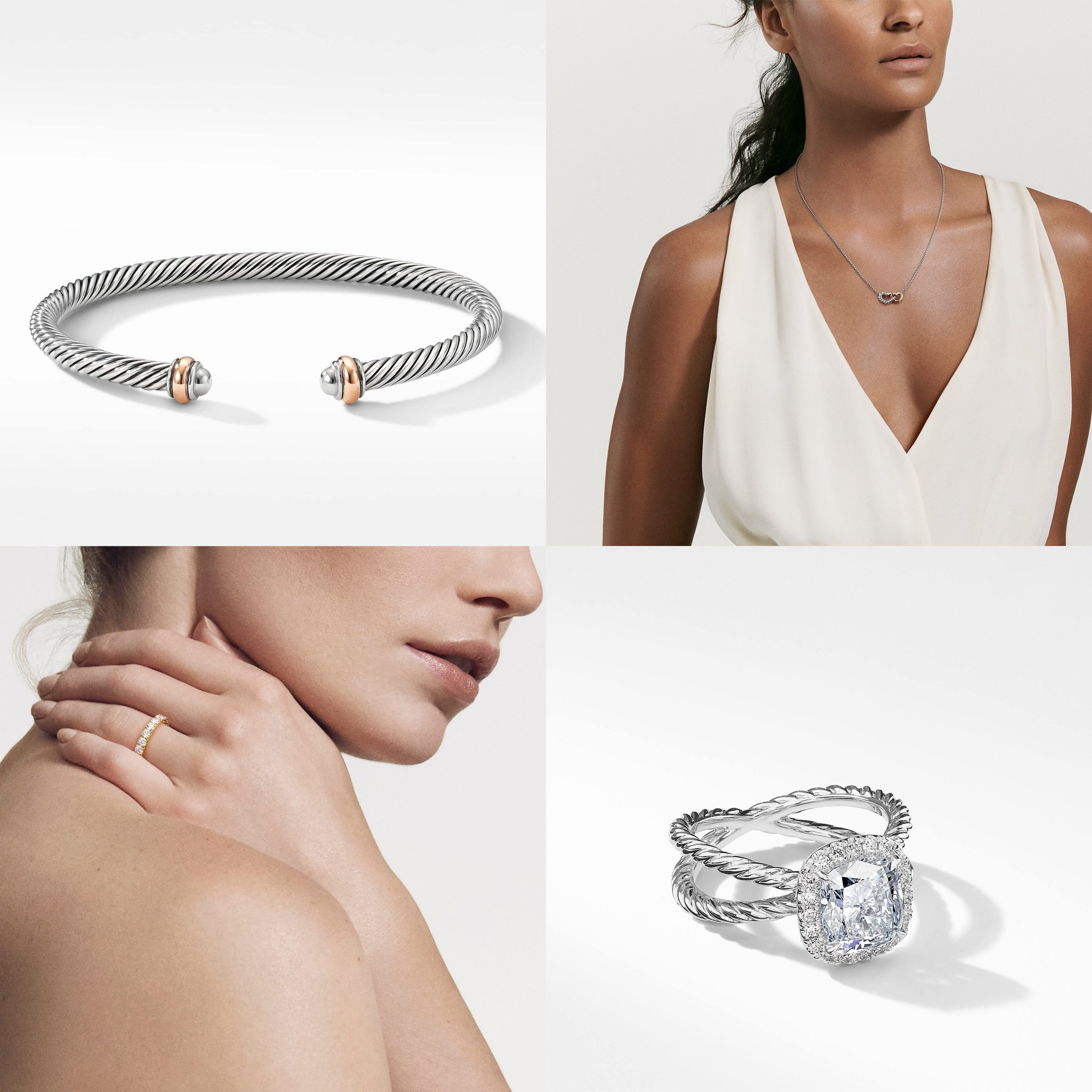 David Yurman Cable Classics Collection bracelet with 18k rose gold, $395; David Yurman Cable Collectibles Double Heart necklace with 18k yellow gold, $350; DY Eden Single Row wedding band with diamonds in 18k gold, $11,000; DY Crossover Capri engagement ring in platinum