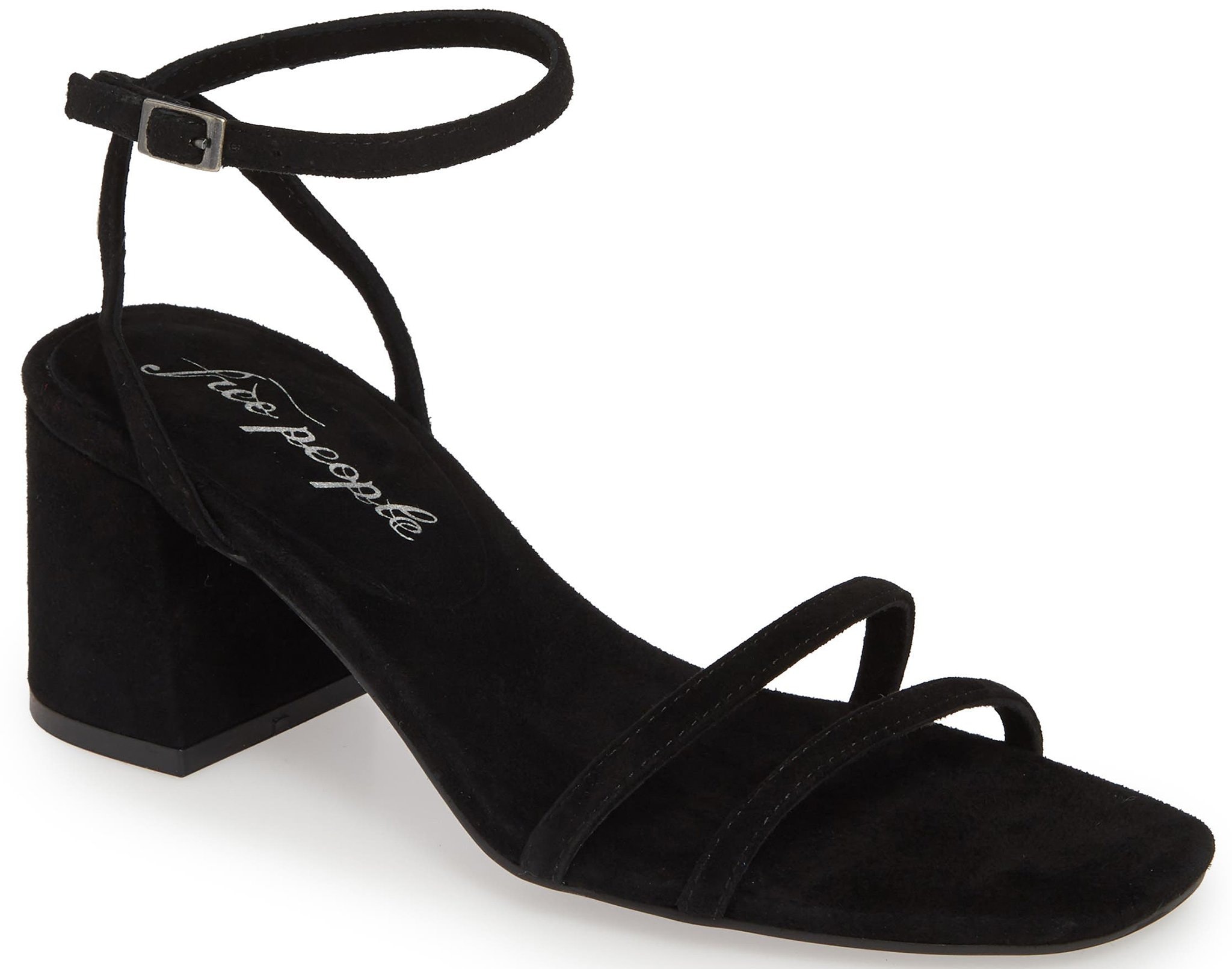 Free People's Gabby has short block heels and a strappy upper made of suede