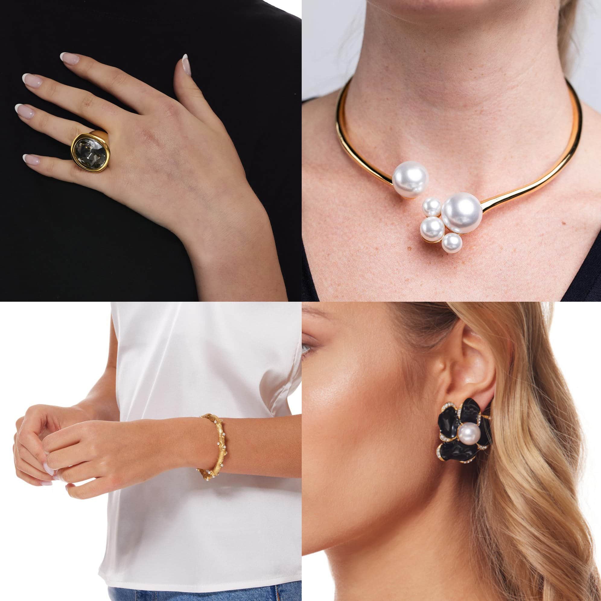 Kenneth Jay Lane Black Diamond Headlight ring, $95; Kenneth Jay Lane Pearl Cluster bib necklace, $235; Kenneth Jay Lane Gold Hinged Coral Shaped Bracelet with Pearl Dots, $165; Gold and Rhinestone Flower with Black Enamel Petals Clip earring, $165