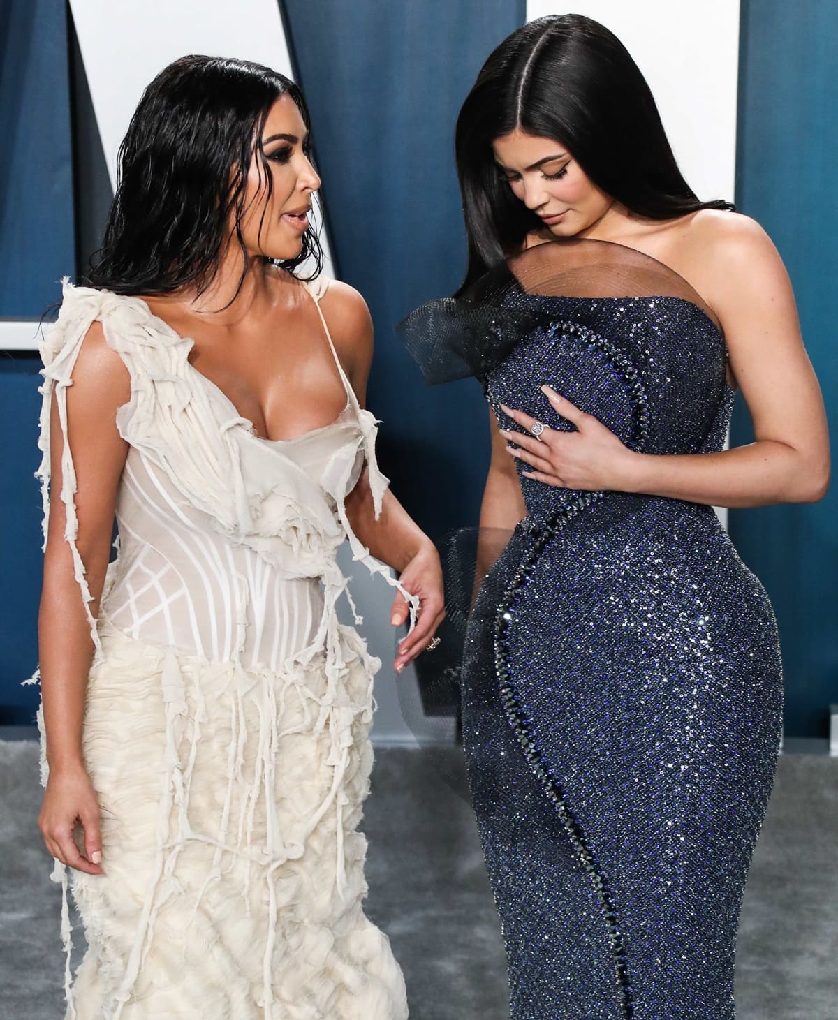 Kim Kardashian West and her half-sister Kylie Jenner attend the 2020 Vanity Fair Oscar Party