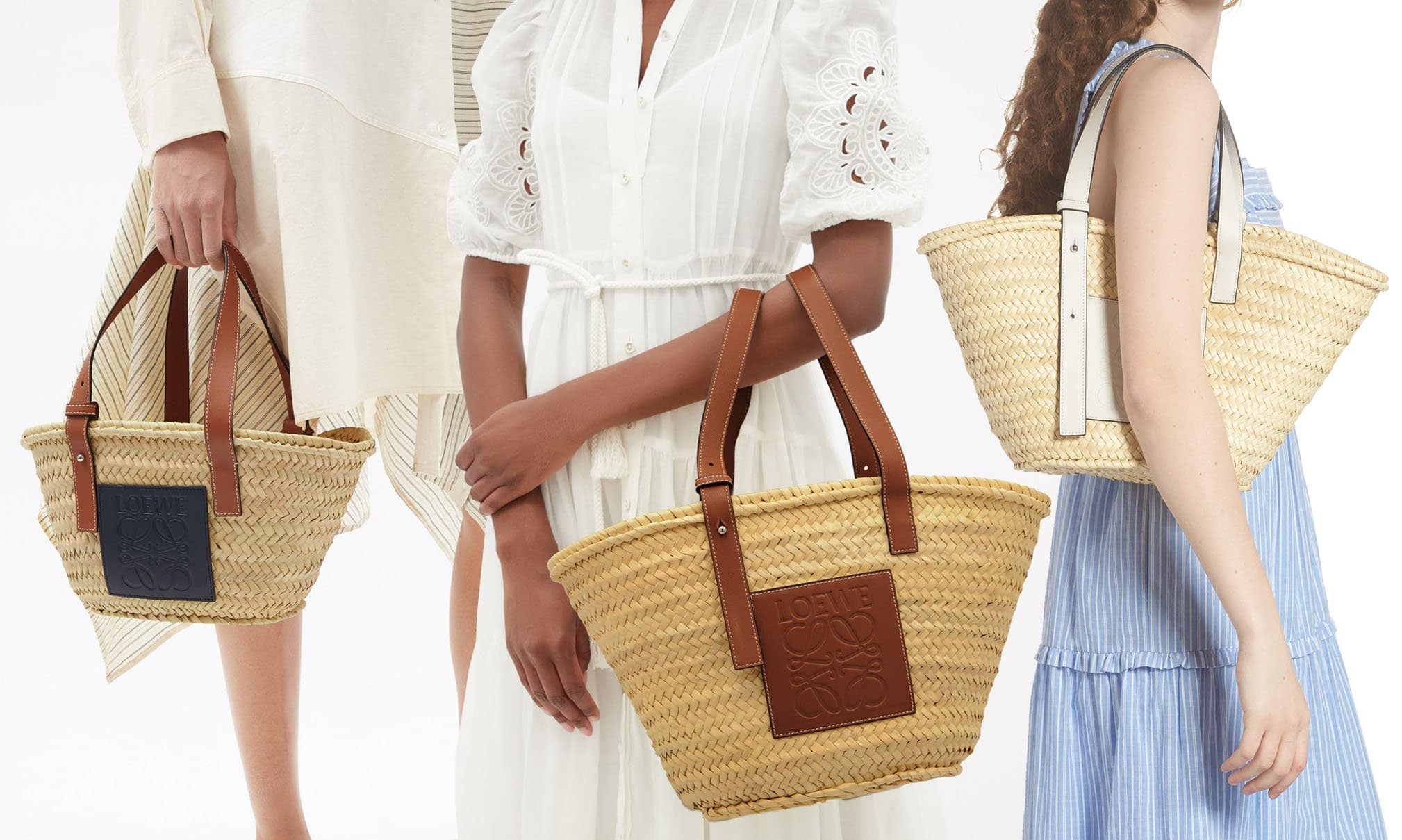 Available in different sizes, the Loewe basket bag features woven palm leaves with leather trims and an Anagram patch