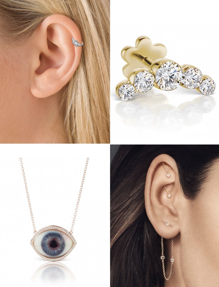 Maria Tash Diamond Princess Triangle Ring, $1,105; Maria Tash Invisible Set Five Diamond Open Curve Threaded Stud, $2,275; Maria Tash Diamond Halo Eye Necklace, $2,800; Maria Tash Diamond and Chain Orbit Joining 2 Piercings, $295