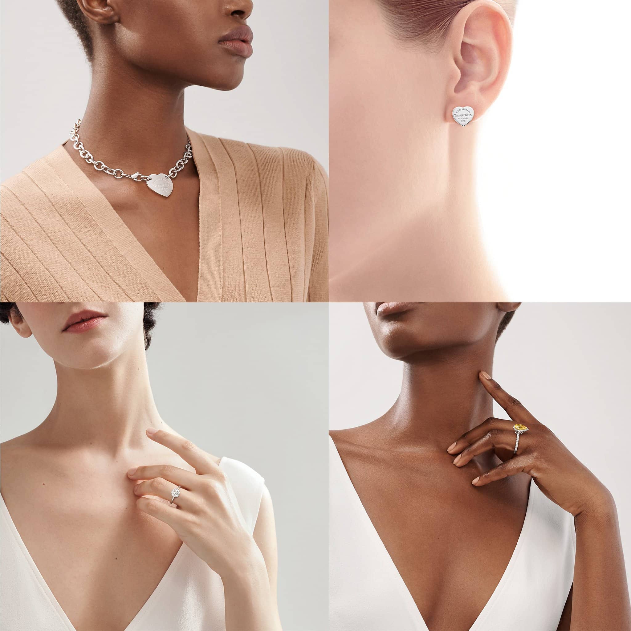 Return to Tiffany Heart Tag necklace, $675; Return to Tiffany Heart Tag Stud earrings, $200; Tiffany True engagement ring; Tiffany Soleste Pear-shaped Halo engagement ring, $32,400