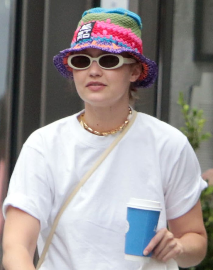 Gigi Hadid is hard to ignore in her multicolor Etro crochet bucket hat