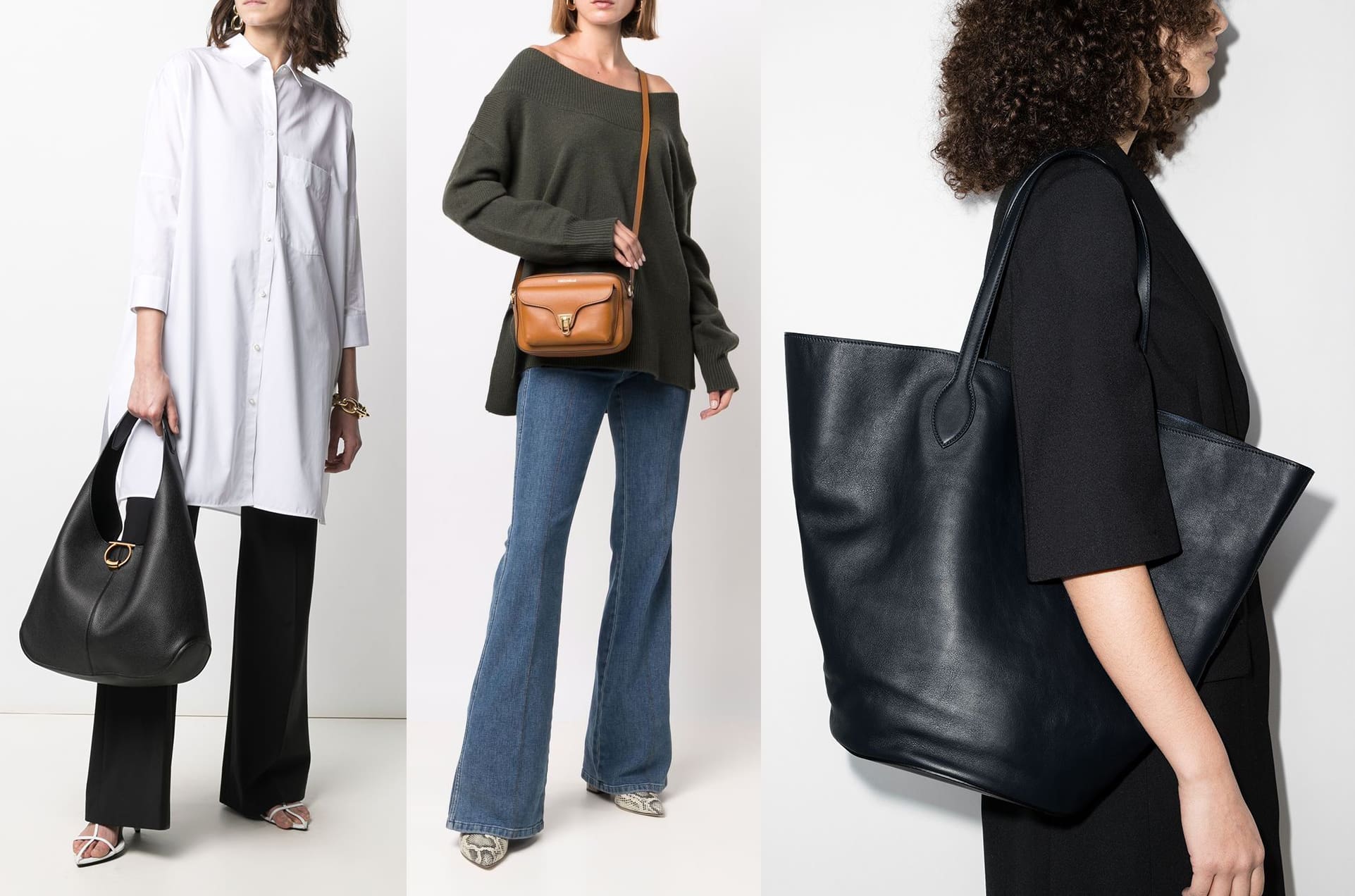 Hobo bags have a slouchy silhouette and are usually worn using a thick shoulder strap; satchels are often carried in multiple ways, either by the top handle or crossbody strap; totes have a structured silhouette and usually come with double handles