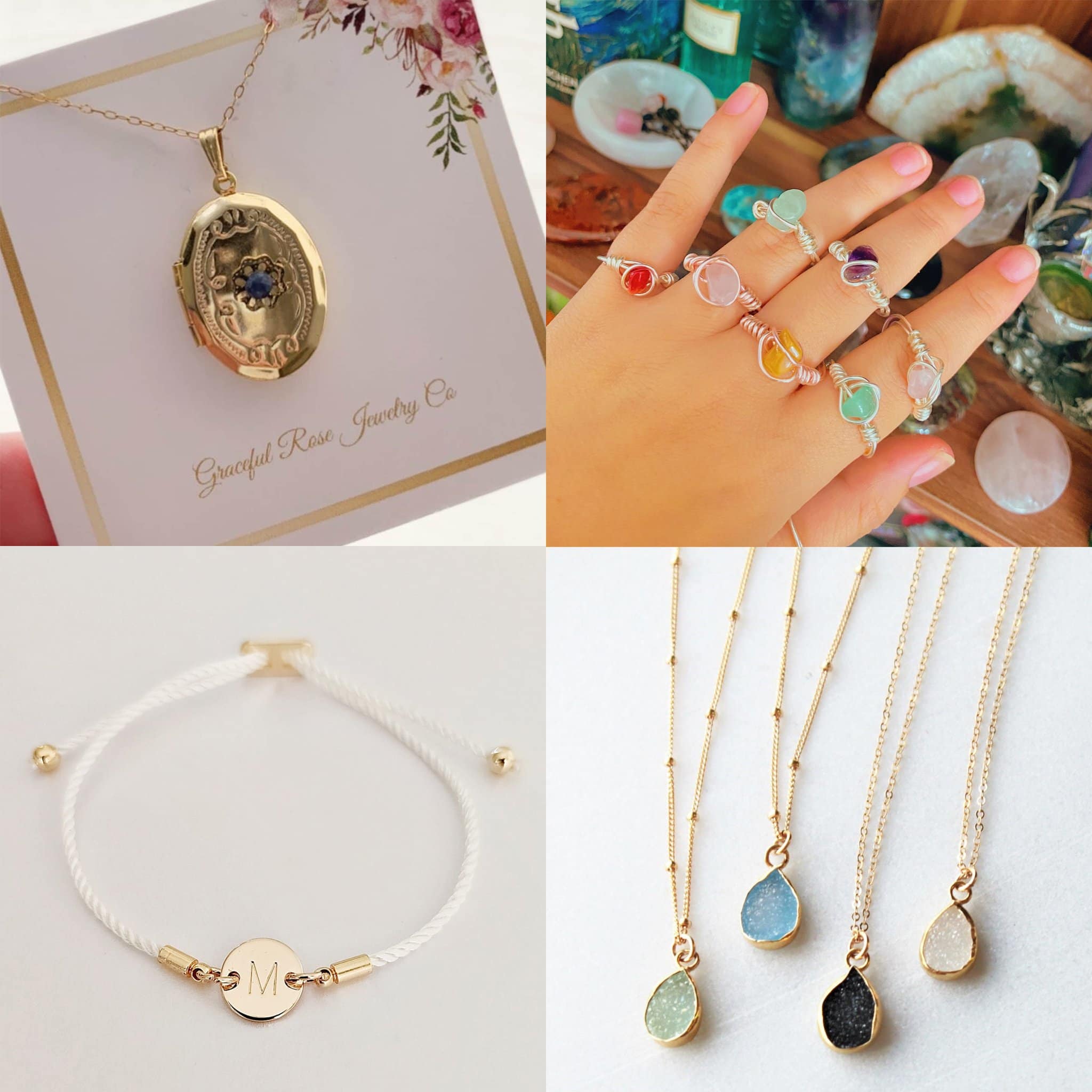 Jewelrycoxoxo Vintage Locket necklace, $120; HandmadebyMadsShop Wire Wrap Healing Crystal Gemstone Rings, $4.55; SheydaCrafts personalized initial bracelet, $18.48; TheSilverWren Tiny Druzy Raw Crystal Necklace, $36