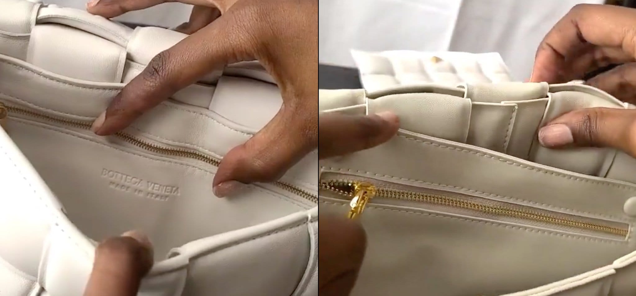 Real Bottega Veneta bags have an interior brand stamp that says Bottega Veneta Made in Italy, which is usually missing on fake Bottega Veneta bags