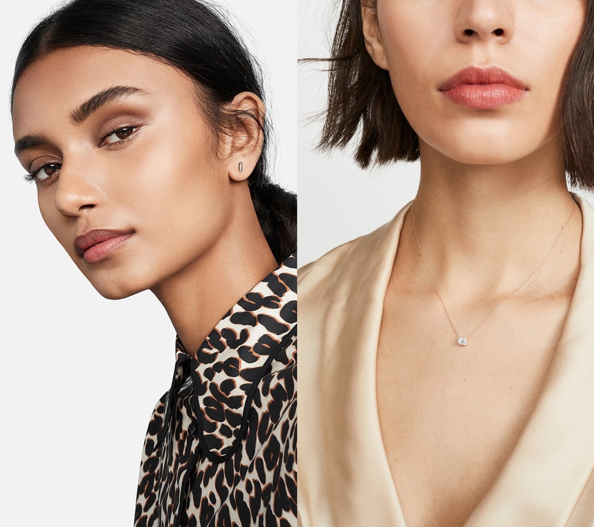 Models wearing a 14k baguette bar post earrings and a 14k yellow gold necklace by Los Angeles native Adina Reyter