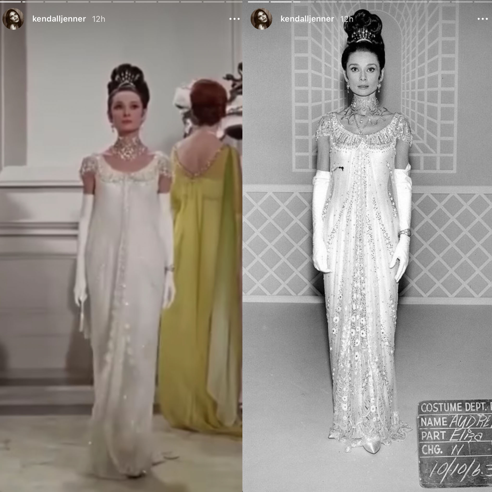 Kendall Jenner shares a clip from My Fair Lady and a photo of Audrey Hepburn in the crystal-embellished Givenchy dress