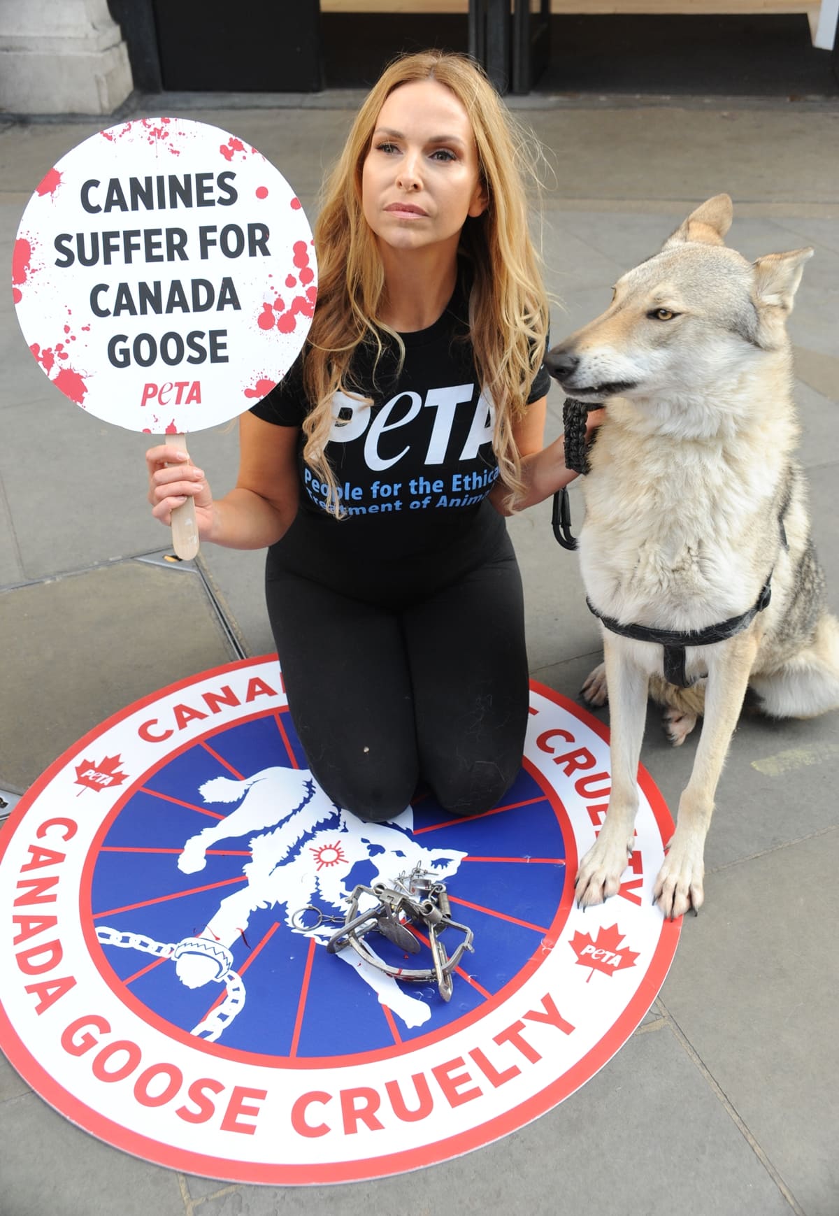 UK TV presenter and animal expert Anneka Svenska and her canine companion Will join the PETA campaign to end trapping and killing of coyotes for fur-trimmed coats, protesting outside the Canada Goose store on Regent Street, London, on December 8, 2017