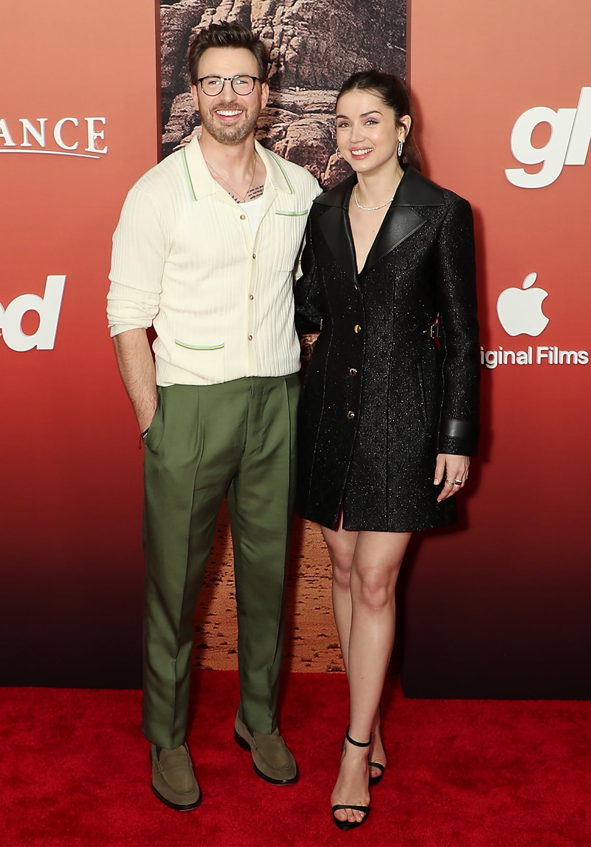 Chris Evans, standing at 6ft 0 (182.9 cm), appeared notably taller than Ana de Armas, who is 5ft 6 (167.6 cm), as they attended the premiere of "Ghosted" at AMC Lincoln Square Theater on April 18, 2023, in New York City