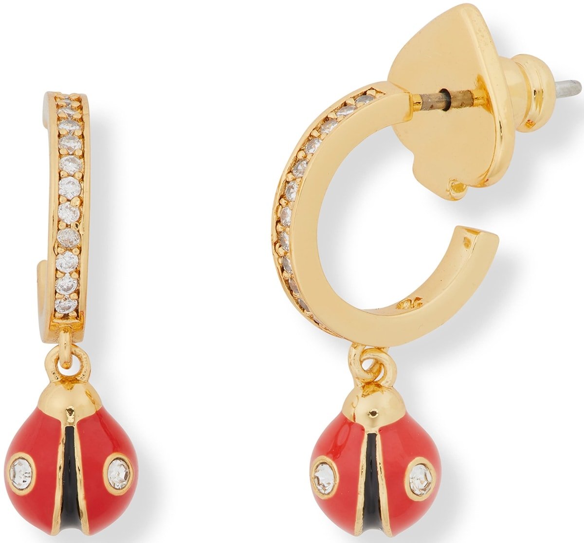 Dainty ladybugs hang from cubic zirconia–lined huggie hoops in these red Kate Spade earrings that make casual ensembles playful