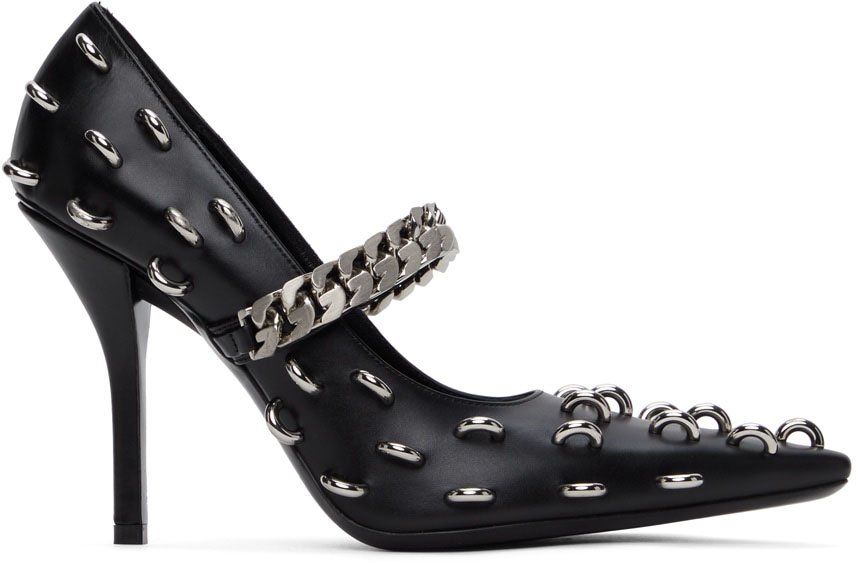 These edgy Givenchy pumps have chain straps and silver hoop ring embellishments all over