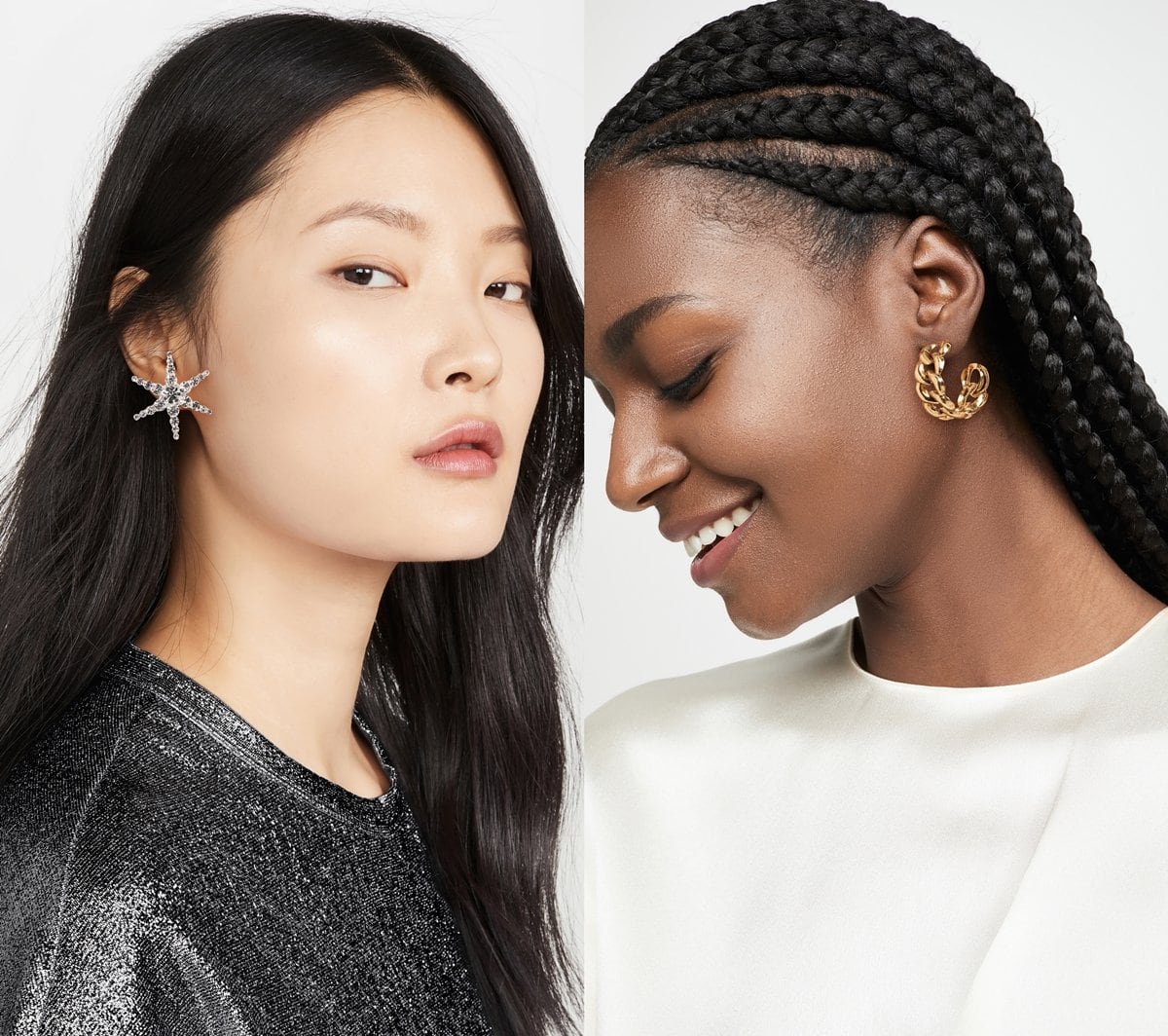 Models wearing Jennifer Behr's crystal Polaris earrings and gold Tara hoops