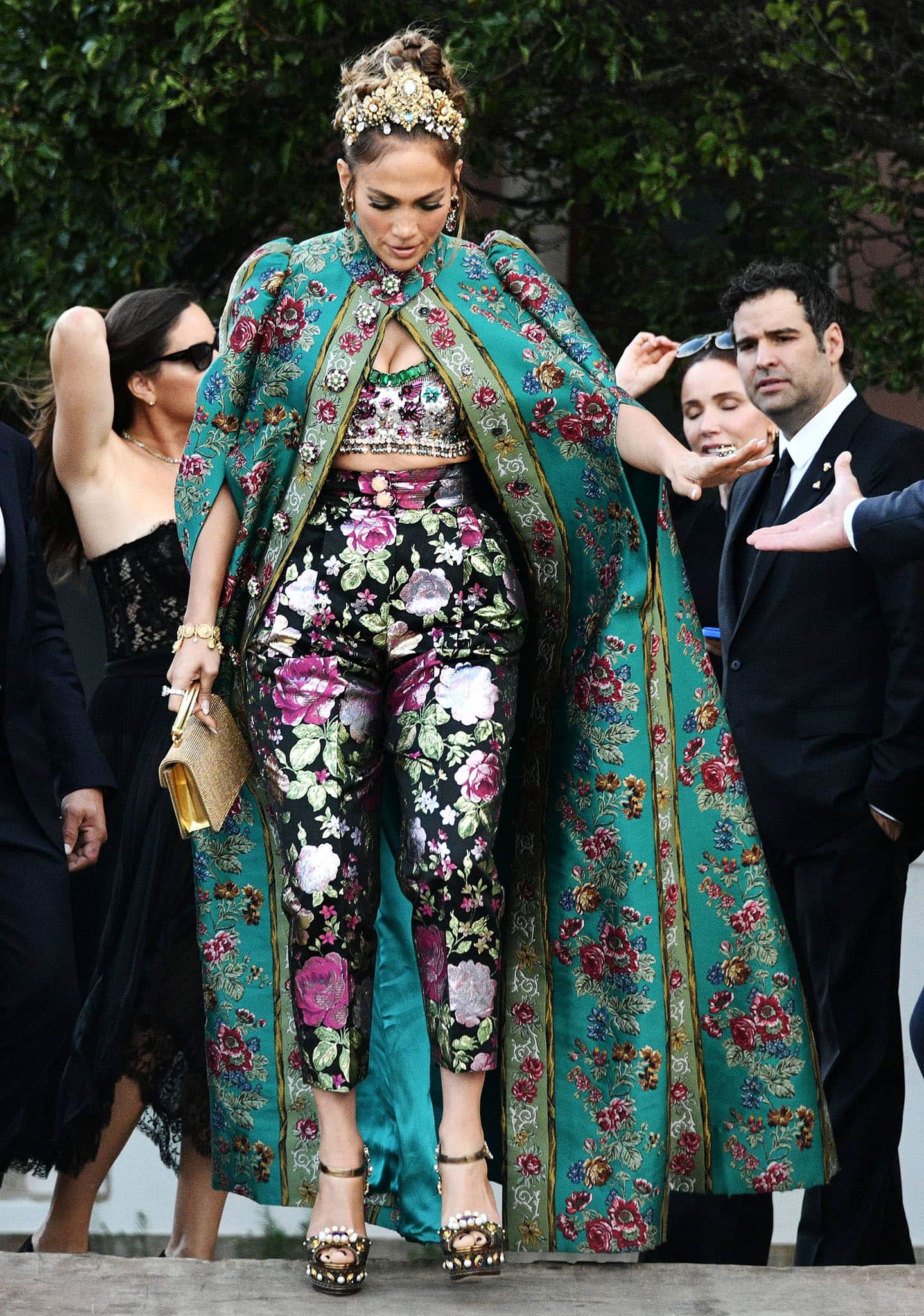 Jennifer Lopez leaving Hotel San Clemente en route to Piazza San Marco for Dolce & Gabbana's Venice Alta Moda fashion show in Italy on August 29, 2021