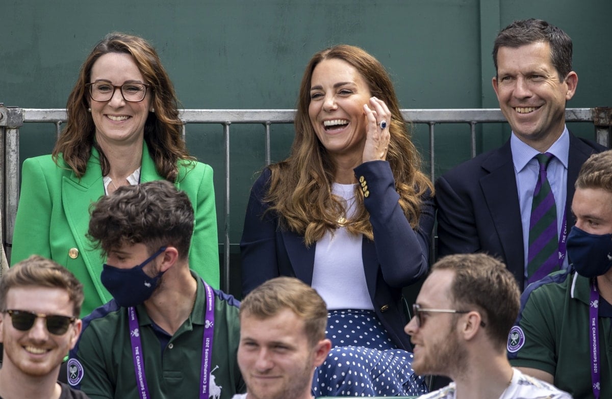 HRH Catherine, The Duchess of Cambridge, Patron of the All England Lawn Tennis Club watches on from Court 14 alongside Sally Bolton OBE, AELTC Chief Executive, and Former British Tennis Player Tim Henman OBE during Day Five of The Championships - Wimbledon 2021 at All England Lawn Tennis and Croquet Club