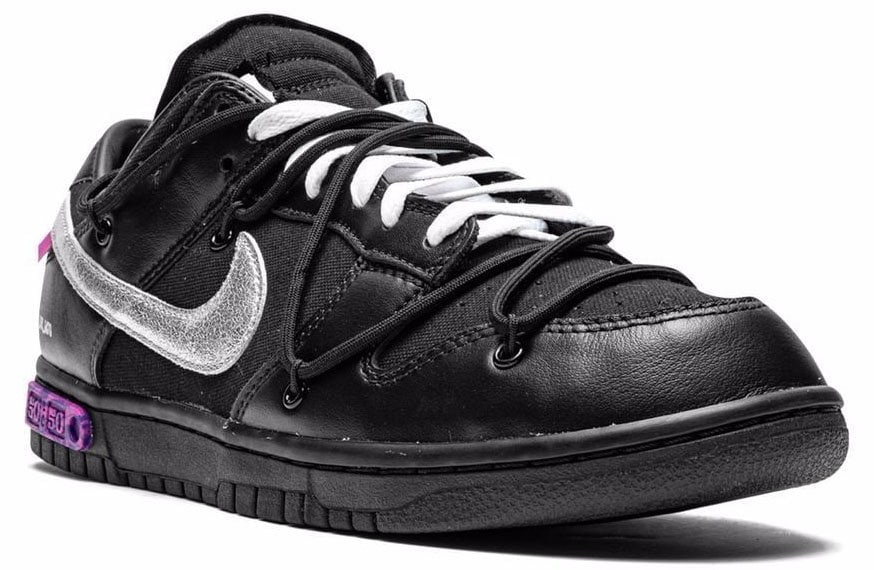 Virgil Abloh and Nike have teamed up for a new iteration of the Dunk Low in a full-black leather construction with a metallic silver Swoosh and purple accents