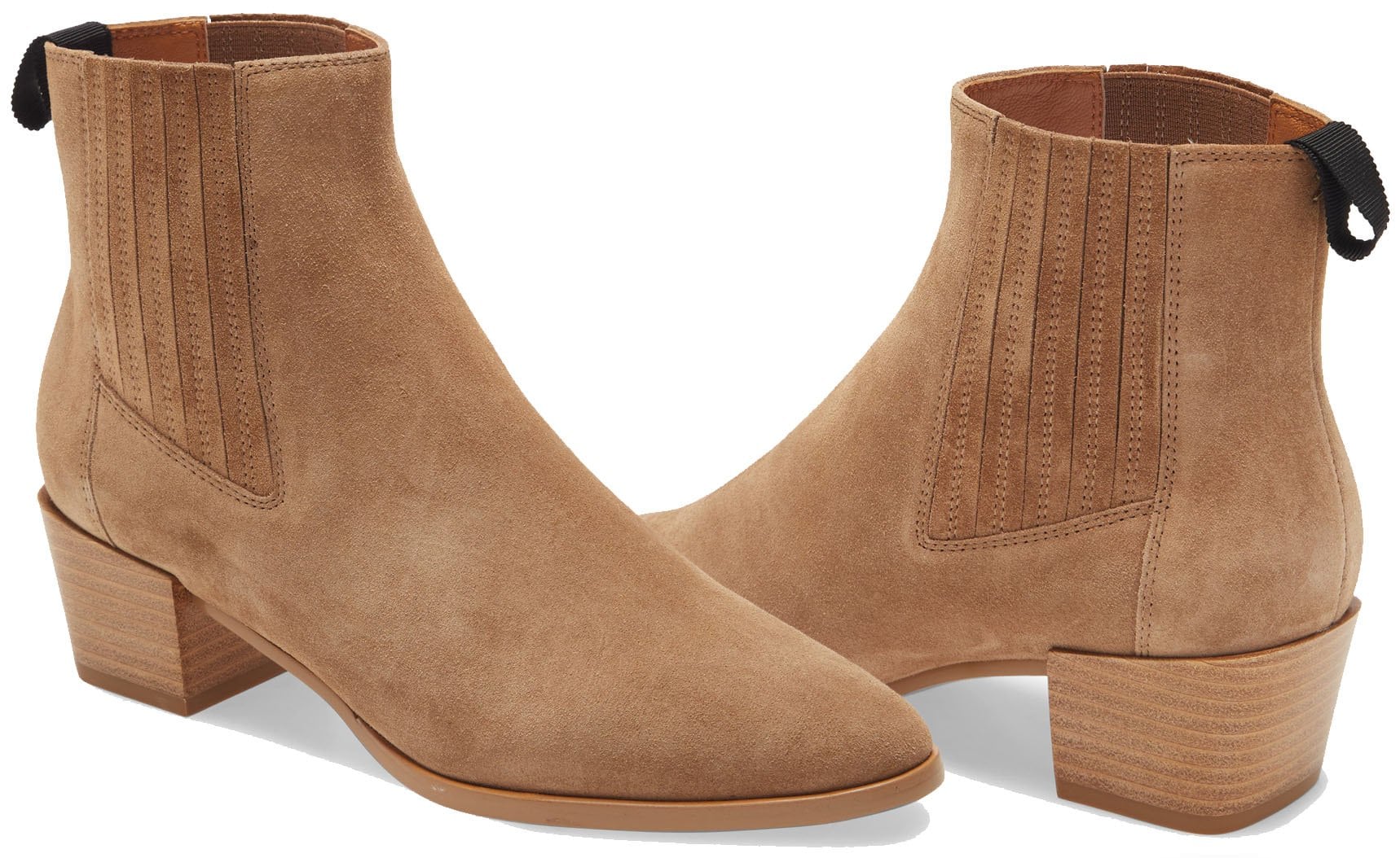 The Rover boots feature almond toes, covered elastic goring, and chunky stacked heels