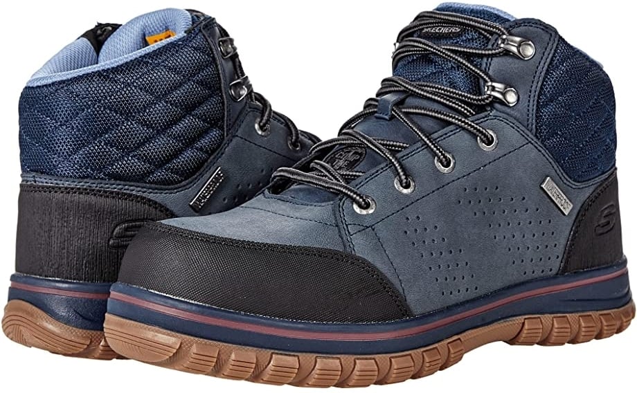 The popular Skechers work boot features a waterproof and stain-resistant leather upper