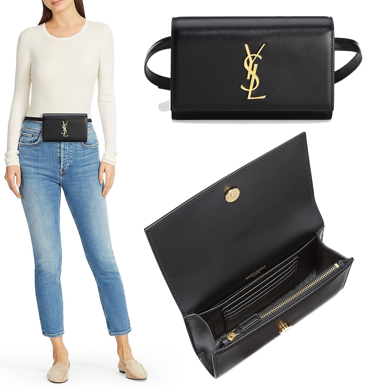 A classy, minimalist belt bag made of smooth leather with gold-tone YSL logo on the foldover flap