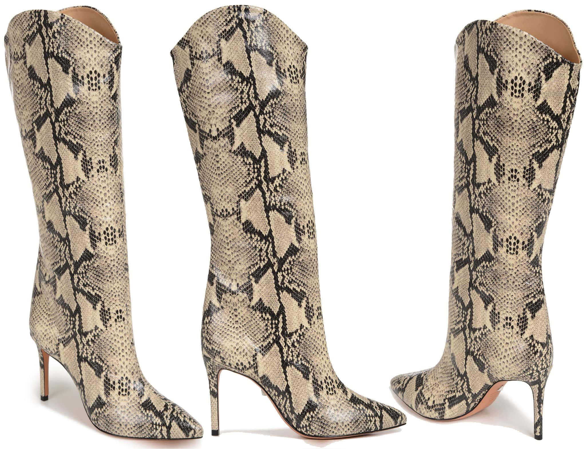 Snakeskin-embossed leather adds Southwestern style to a pointy-toe boot silhouette lifted by a slimmed-down heel