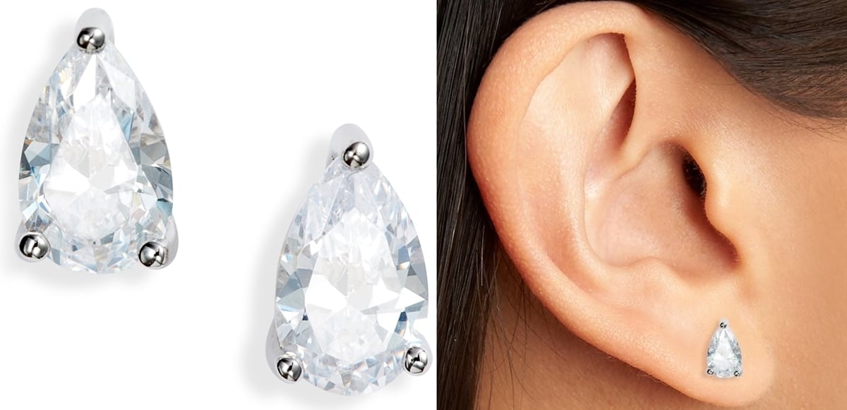 Timeless pear-shaped studs feature sparkling cubic zirconia stones secured by triple-prong settings