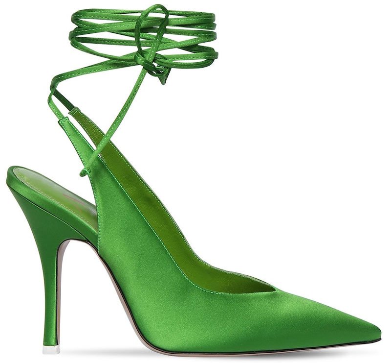 The Attico green satin pump has a slender wraparound ankle strap and a v-shaped vamp