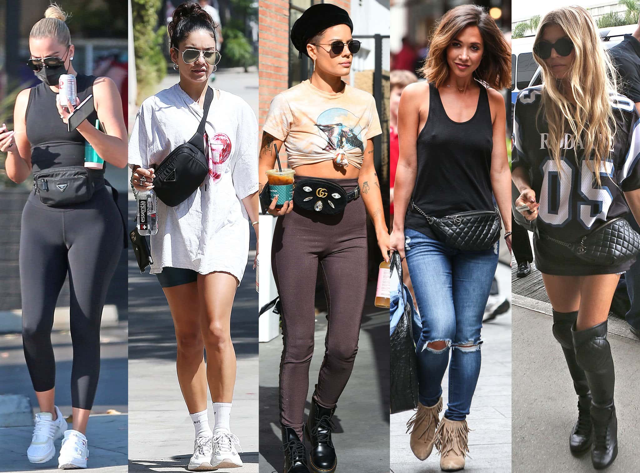 Khloe Kardashian, Vanessa Hudgens, Halsey, Myleene Klass, and Fergie show how to carry a belt bag or a fanny pack