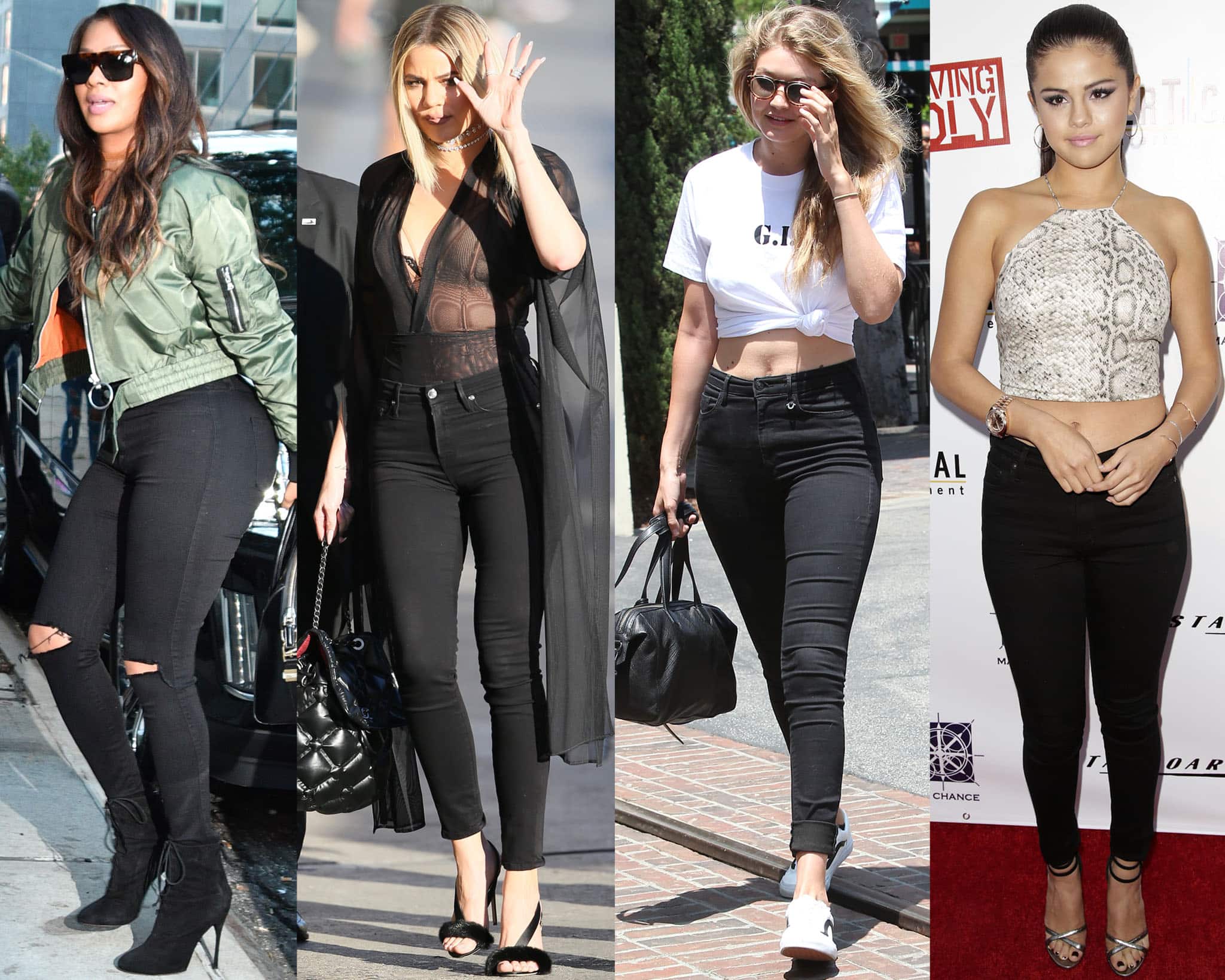 Style Icons in Black Denim: Kim Kardashian, Khloe Kardashian, Gigi Hadid, and Selena Gomez showcase the versatility and allure of black skinny jeans