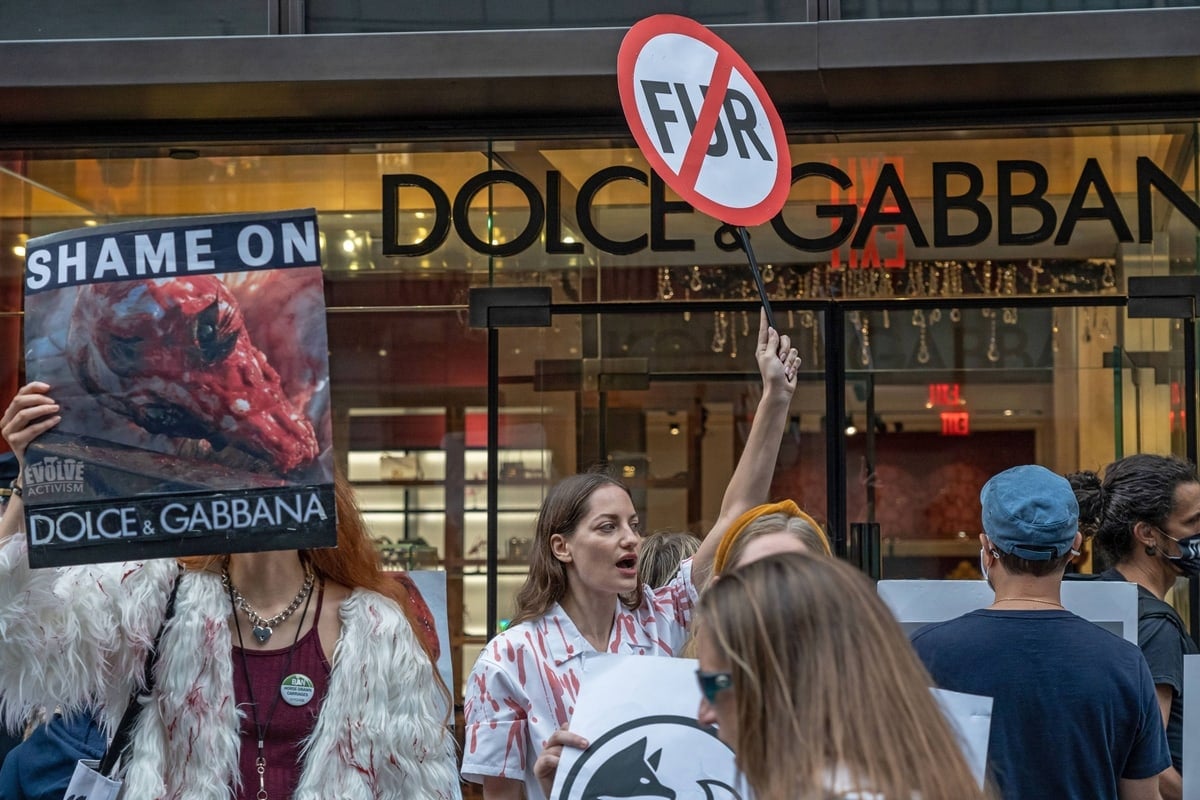 Animal rights activists during an Anti-Fur March in front of the Dolce & Gabbana store on Fifth Avenue in New York City