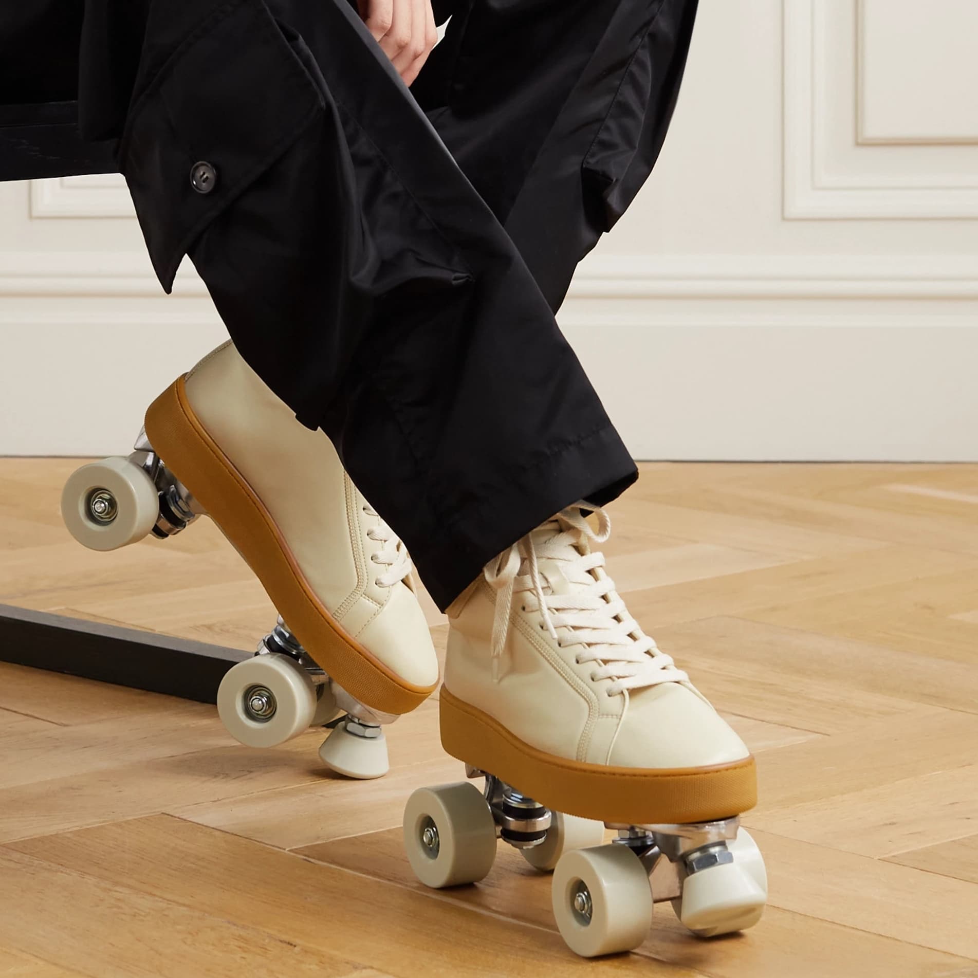 Bottega Veneta's beige The Quilt lace-up leather roller skates have been crafted by hand at the house's atelier