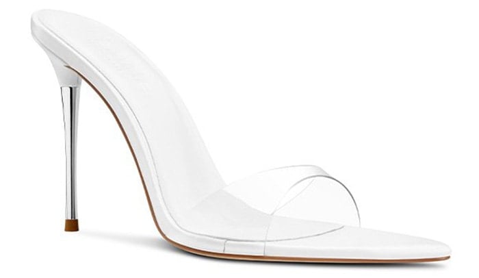The Azucar slide heels from Femme LA feature clear front straps and metal stiletto heels