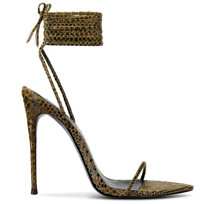 Femme LA's Luce Minimale features a sultry silhouette with thin python-effect straps that crisscross at the ankle