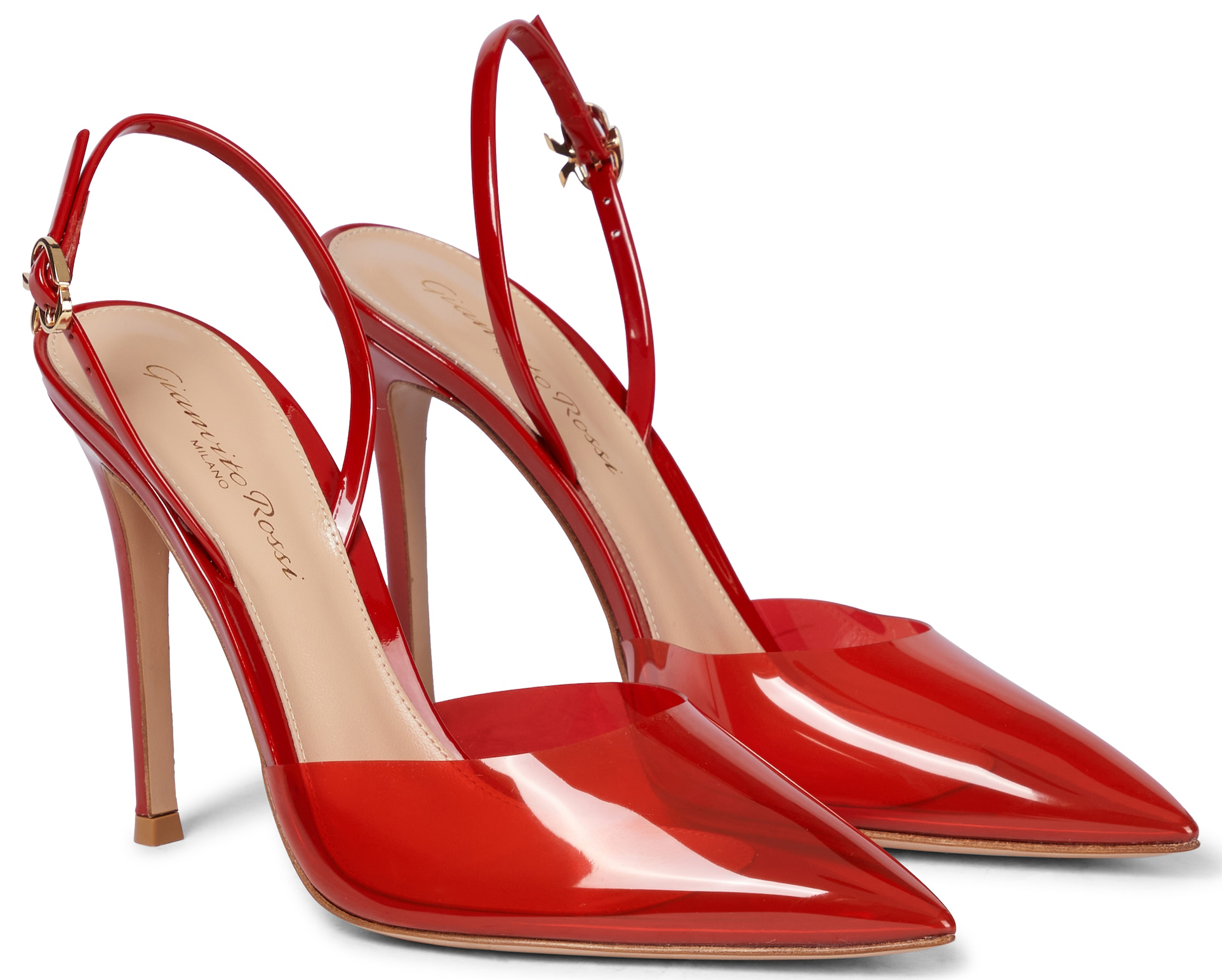 Gianvito Rossi combines traditional and contemporary materials to create these red PVC pumps with leather trims